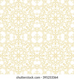 Vintage seamless background with lacy ornament. Ornament in east style. Light golden pattern. It can be used for wallpaper, pattern fills, web page background, surface textures, classic fabric.