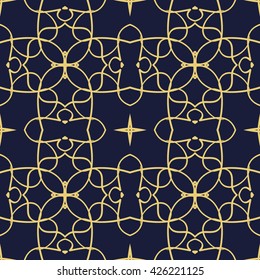 Vintage seamless background with lacy ornament. Ornament in east style. Light golden pattern. It can be used for wallpaper, pattern fills, web page background, surface textures, classic fabric.