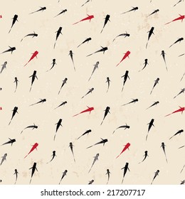 Vintage seamless background with little red and black fishes hand-drawn in traditional Japanese style sumi-e. Can be used for wallpaper, pattern fills, textile, web page background, surface textures.