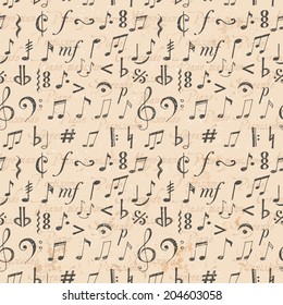 Vintage seamless background with music notes and signs hand-drawn in sketchy style. 