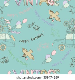 Vintage seamless background with old car, birds and bikes. Happy birthday theme. Doodle line art with hand drawn design elements