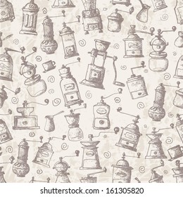 Vintage Seamless background with old coffee mills. Can be used for wallpaper, pattern fills, textile, web page background, surface texture 
