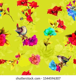Vintage seamless background pattern. Beauty wild flowers with leaf and birds wren on light green. Abstract, hand drawn, vector - stock.