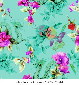 Vintage seamless background pattern. Field flowers with leaves and chinese dragon behind on virid. Abstract, hand drawn, vector - stock.