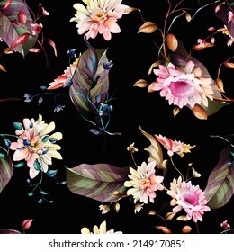 Vintage seamless background pattern. Golden daisy flowers, wild flowers with branch and leaves on black. Abstract, hand drawn, vector - stock.
