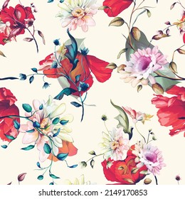 Vintage seamless background pattern. Golden daisy flowers, wild flowers with branch and leaves on light. Abstract, hand drawn, vector - stock.