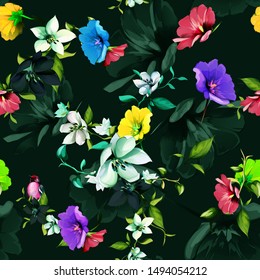 Vintage seamless background pattern. Mixed of flowers and leaves on dark green. Abstract, hand drawn, vector - stock.