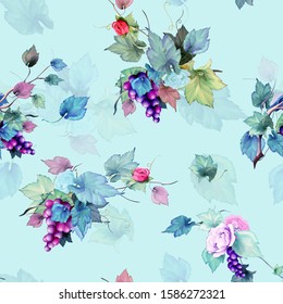Vintage seamless background pattern on light blue. Beauty wild flowers, bunch of grape, roses and leaves around. Abstract watercolor, hand drawn, vector - stock.