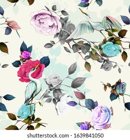 Vintage nahtloses Hintergrundmuster. Pfingstrosen, Reiher, Vögel mit Blatt auf weiß. Abstrakt, handgezeichnet, Vektorgrafik - stock.