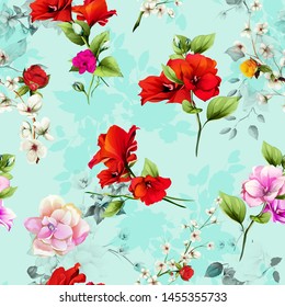 Vintage seamless background pattern. Red flowers with leaves on pastel. Abstract, hand drawn, vector - stock.