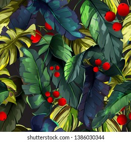 Vintage seamless background pattern. Tropical leaves, berry on dark. Abstract, hand drawn, vector - stock.