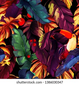 Vintage seamless background pattern. Tropical leaves, berry with toucan bird on dark. Abstract, hand drawn, vector - stock.