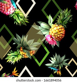 Vintage seamless background pattern. Tropical fruit, pineapple, leaves with geometrical objects behind on black.  Abstract, hand drawn, vector - stock.