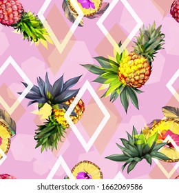 Vintage nahtlose Hintergrundmuster. Tropische Früchte, Ananas, Blumen, Blätter mit geometrischen Gegenständen hinter Licht. Abstrakt, handgezeichnet, Vektorillustration - Stock.