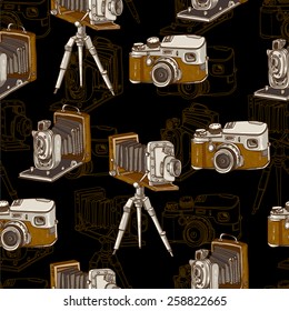 Vintage Seamless Background with Retro Camera, Vector Hand Drawn Illustration 