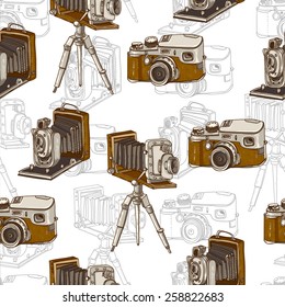 Vintage Seamless Background with Retro Camera, Vector Hand Drawn Illustration 