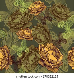 Vintage seamless background with roses and butterflies. Vector illustration.