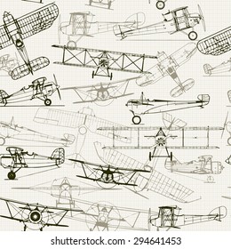 Vintage  seamless background. Stylized airplane illustration composition. texture of graph paper can be turned off. Can be used for wallpaper, pattern fills, web page background,surface textures. 