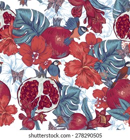 Vintage Seamless Background, Tropical Fruit, Flowers, Butterfly and Birds, Vector Illustration. Pomegranate and Hibiscus