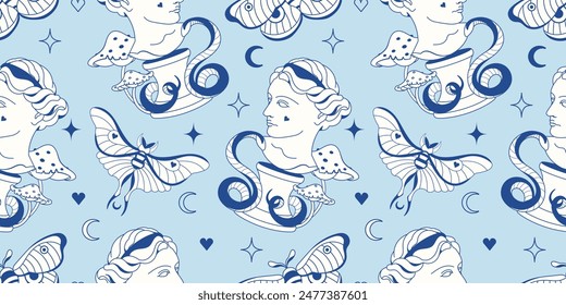 Vintage seamless background. Witches female aesthetic. Sacred mystery backdrop. Boho blue tone graphic. Wonder butterfly, moth, hearts, mushrooms, snake and stars