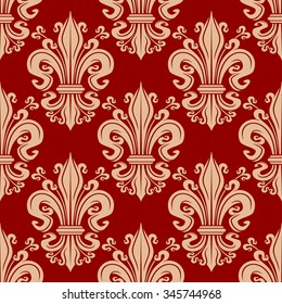 Vintage seamless beige fleur-de-lis floral pattern on red background, for heraldry or wallpaper interior design 