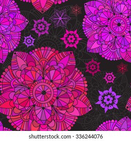 Vintage seamless black pattern with colorful lacy circles, vector eps 10