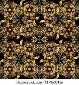 Vintage seamless border and grid for design template on a black background. Seamless pattern in Eastern style with floral golden elements. Vector sketch for cards, thank you message, printing.