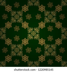 Vintage seamless border and grid for design template on a green background. Seamless pattern in Eastern style with floral golden elements. Vector sketch for cards, thank you message, printing.