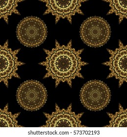Vintage seamless border and grid for design template on a black background. Seamless pattern in Eastern style with floral golden elements. Vector sketch for cards, thank you message, printing.