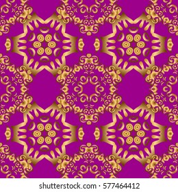Vintage seamless border and grid for design template on a purple background. Seamless pattern in Eastern style with floral golden elements. Vector sketch for cards, thank you message, printing.