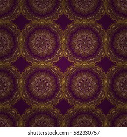 Vintage seamless border and grid for design template on a purple background. Seamless pattern in Eastern style with floral golden elements. Vector sketch for cards, thank you message, printing.