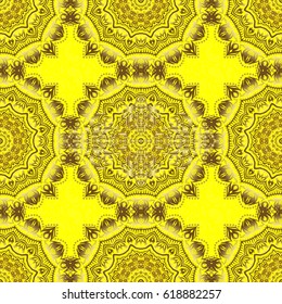 Vintage seamless border and grid for design template on a yellow background. Seamless pattern in Eastern style with floral golden elements. Vector sketch for cards, thank you message, printing.