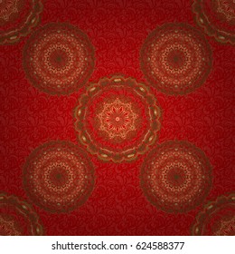 Vintage seamless border and grid for design template on a red background. Seamless pattern in Eastern style with floral golden elements. Vector sketch for cards, thank you message, printing.