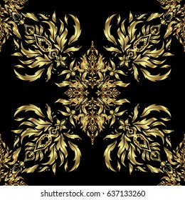 Vintage seamless border and grid for design template on a black background. Seamless pattern in Eastern style with floral golden elements. Vector sketch for cards, thank you message, printing.