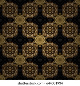 Vintage seamless border and grid for design template on a black background. Seamless pattern in Eastern style with floral golden elements. Vector sketch for cards, thank you message, printing.