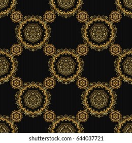 Vintage seamless border and grid for design template on a black background. Seamless pattern in Eastern style with floral golden elements. Vector sketch for cards, thank you message, printing.