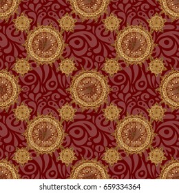 Vintage seamless border and grid for design template on a red background. Seamless pattern in Eastern style with floral golden elements. Vector sketch for cards, thank you message, printing.