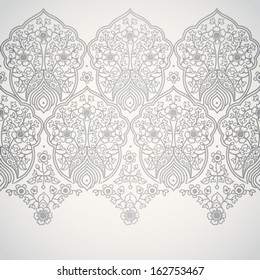 Vintage seamless border with lacy ornament. Light silver pattern.You can place your text in the empty frame. It can be used for decorating of wedding invitations, greeting cards, decoration for bags.
