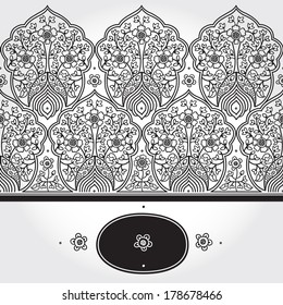 Vintage seamless border with lacy ornament. Floral frieze in east style. It can be used for decorating of wedding invitations, greeting cards, decoration for bags and clothing. 