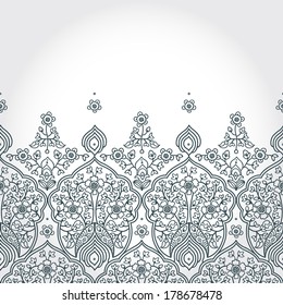 Vintage seamless border with lacy ornament. Floral frieze in east style. It can be used for decorating of wedding invitations, greeting cards, decoration for bags and clothing. 