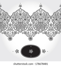 Vintage seamless border with lacy ornament. Floral frieze in east style. It can be used for decorating of wedding invitations, greeting cards, decoration for bags and clothing. 