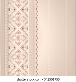 Vintage seamless border on  beige.  Ornate element for design. Ornamental lace pattern for wedding invitations and greeting cards. Traditional floral decor.