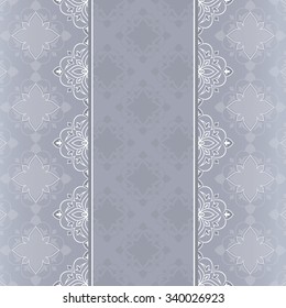 Vintage seamless border on gray. Ornate element for design and place for text. Ornamental lace pattern for wedding invitations and greeting cards. Traditional floral decor.