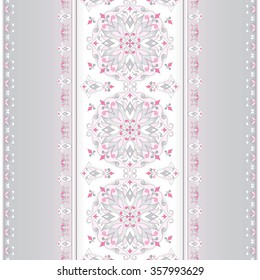 Vintage seamless border on light gray.  Colored element for design in Eastern style. Vintage pattern for invitations, birthday, greeting cards, wallpaper. Traditional floral decor. Pattern fill.