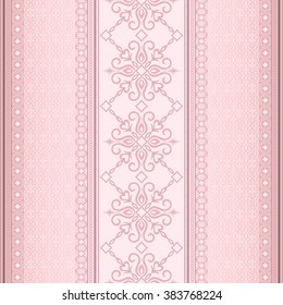 Vintage seamless border on light pink background.  Element for design. Ornamental backdrop. Pattern fill. Ornate floral decor for wallpaper. Traditional decor on Pink background.