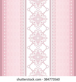 Vintage seamless border on light pink background.  Element for design. Ornamental backdrop. Pattern fill. Ornate floral decor for wallpaper. Traditional decor on light pink background.