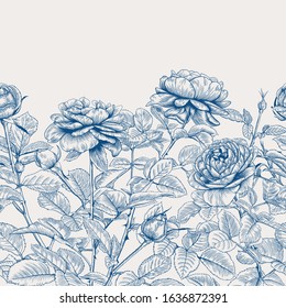 Vintage seamless border with roses. Botanical vector illustration. Classic blue and white background.
