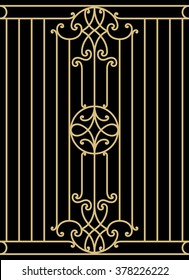 Vintage Seamless Border. Wrought Iron. Ocher on Black. Elegance Forged fence