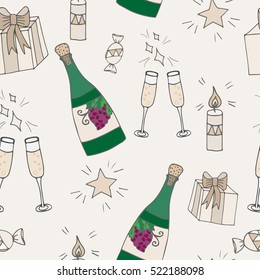 Vintage seamless with bottle of wine, gift with bow, glass and star on beige background. Can be used for printing on fabric, for wrapping paper and for the background of the site.