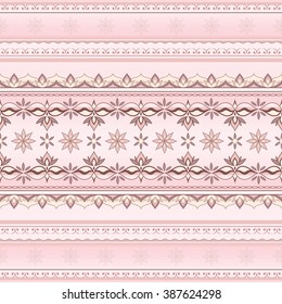 Vintage seamless brown border on pink background.  Ornate element for design  and place your text. Ornamental lace pattern for invitations and greeting cards. Traditional floral decor.
